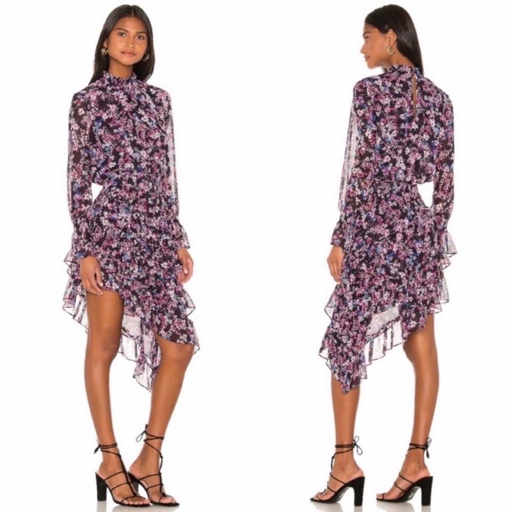 MISA Los Angeles Savanna Asymmetrical Mini Dress Ditsy Multi Ruffle Romantic